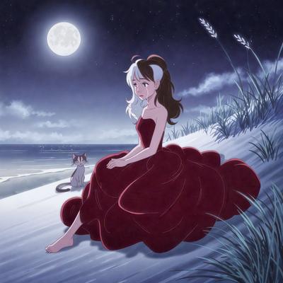 The primary subject of the image is a woman wearing a red dress, sitting on a beach at night. The setting is a beach with a moon in the sky, creating a serene and peaceful atmosphere. The visual style is an illustration, with the woman and the cat depicted in a cartoon-like manner. The colors are predominantly red and white, with the red dress and the moon in the sky adding a sense of warmth and tranquility to the scene.